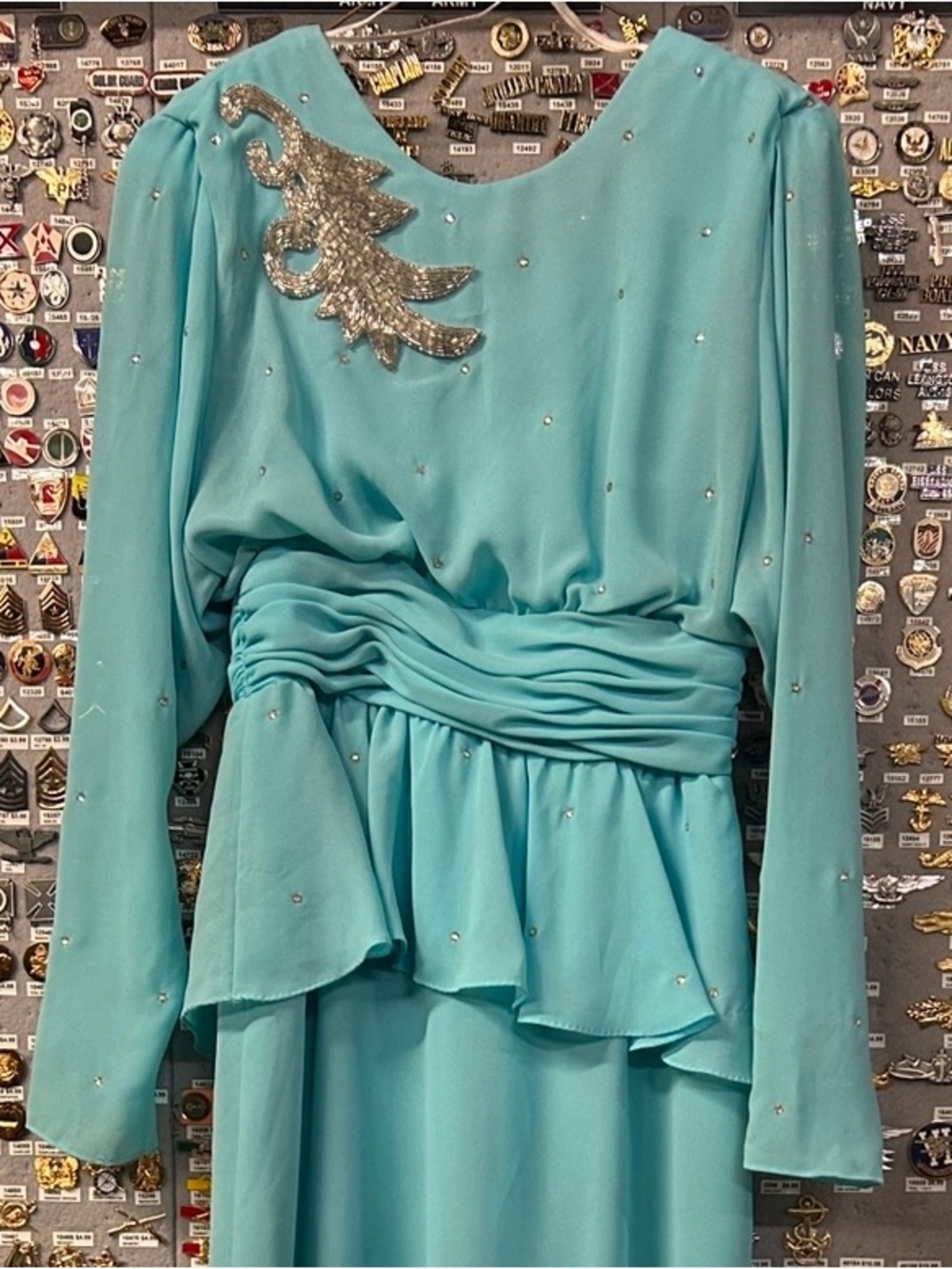 Vintage Miss Elliette Pale Blue Long Sleeve Dress with Silver Embellishment